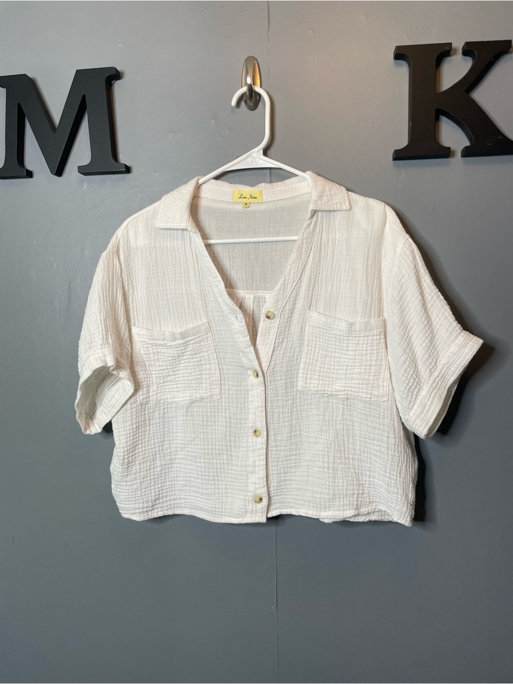 Love Notes White Button-Front Cropped Shirt gauze textured women's size medium